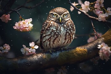 cute fluffy owl bird on flower blossom tree, spring and summer animal portrait in peaceful atmosphere, Generative Ai