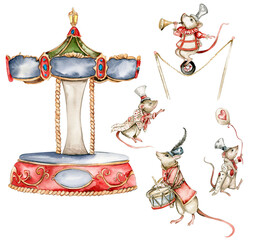 Watercolor circus set of elements in vintage style. Perfect for wedding, invitations, blogs,card templates, birthday and baby cards, patterns, quotes. isolater on white background.Cute circus animals. © Leila