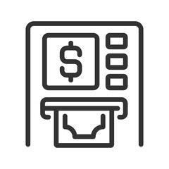 ATM pixel perfect linear icon. Automated teller machine. Withdrawing cash. Financial transactions. Thin line illustration. Contour symbol. Vector outline drawing. Editable stroke. Arial font used