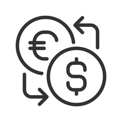 Currency exchange pixel perfect linear icon. Foreign cash. Currency converter. Global trade market. Thin line illustration. Contour symbol. Vector outline drawing. Editable stroke. Arial font used