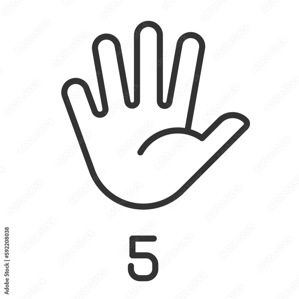 Poster digit five in american sign language pixel perfect linear icon. communication system. gesture. thin 
