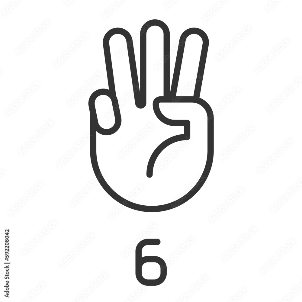 Poster digit six in american sign language pixel perfect linear icon. visual modality for count. thin line 