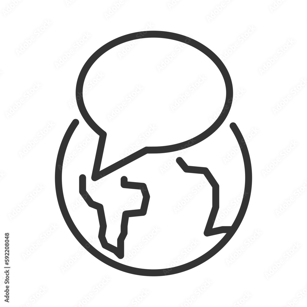 Poster globe with speech bubble pixel perfect linear icon. international communication. wireless connection