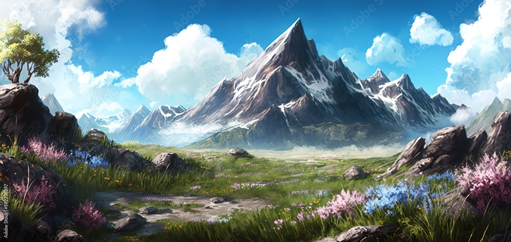 Poster the glade is covered with grass and flowers on top of the mountains with blue sky and clouds mountai