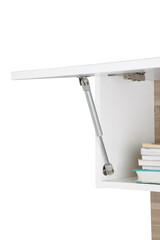 cabinet swing door hinge and door pump .Closeup of furniture cabinet modern clip hinge and door pump