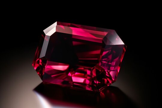 Perfectly cut rubin gemstone, perfectly shaped, shining red on a black background