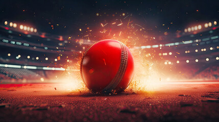 Cricket ball on the pitch in a thrilling night match. Postproducted generative AI illustration.