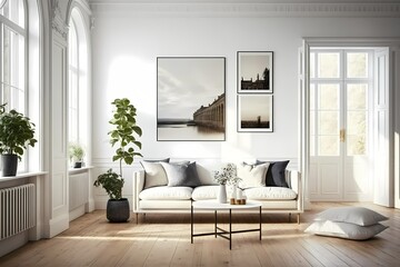 Stylish living room interior with white walls, a wooden floor, a long white sofa, two coffee tables, and a mock up horizontal poster. hazy view via a window 