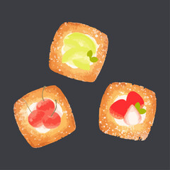 Fruit Danish Pastries. Hand drawn watercolor vector illustration