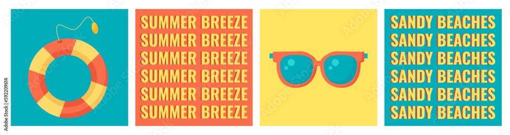 Poster collection of minimalistic summer cards with beach objects and text.