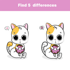 Find the differences educational children game. Kids activity sheet with cat donut.