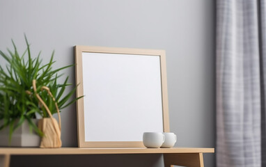 A warm wooden picture frame on a console table, complemented by a potted plant and simple decor, embodies a peaceful and inviting ambiance.