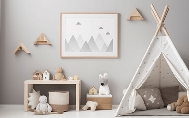 A child's nursery with a serene mountain picture above a cozy play tent, creating an adventurous yet peaceful space for a little explorer.
