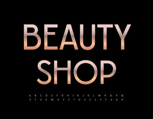Vector modern sign Beauty Shop. Elegant Goldern Font. Luxury Alphabet Letters and Numbers