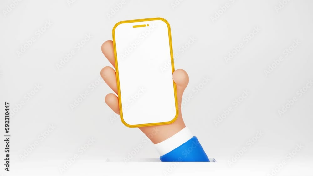 Poster hand holding mobile phone with empty screen on white background animation. cartoon hand with mobile.