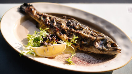 Baked seabass fish in the oven served with slice of lemon and pea sprouts