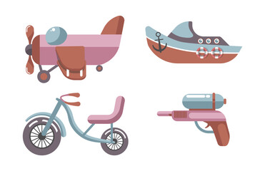 Children toys and playthings, boat and helicopter