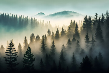 Misty mountains with fir forest in fog. Foggy trees in morning light