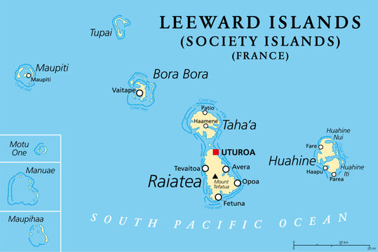 Leeward Islands, political map. Western part of the Society Islands in French Polynesia, an overseas collectivity of France in the South Pacific. Uturoa, on the largest island Raiatea, is the capital.
