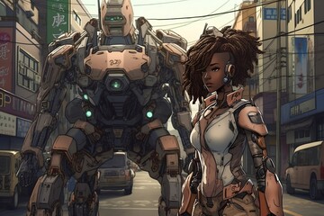 3D african female cyborg mecha rider with in her armor posing with her huge Mecha. generative AI - obrazy, fototapety, plakaty