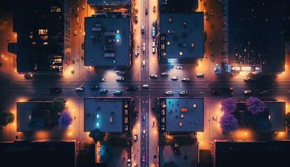 Aerial top view of downtown district buildings in night Generative AI