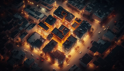 Aerial top view of downtown district buildings in night Generative AI