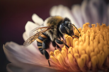closeup of bee taking polen from a sunflower flower generative ai - obrazy, fototapety, plakaty
