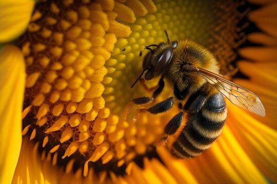 closeup of bee taking polen from a sunflower flower generative ai