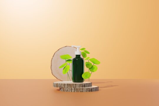 3d rendering of pump bottle unlabeled placed on wooden podiums and surround by centella leaves on light brown background. Scene for advertising cosmetic of centella extract