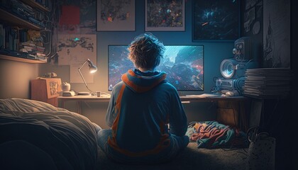Obraz premium Child playing amazing videogames in big flat screen at home