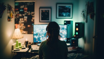Gamer kid in bedroom playing videogames in wide screen 
