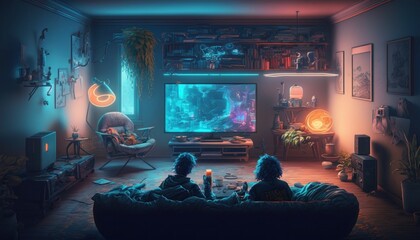Child playing amazing videogames in big flat screen at home