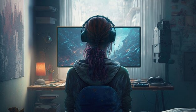 Gamer kid in bedroom playing videogames in wide screen 