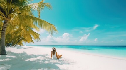 Fototapeta na wymiar Woman relaxing on tropical beach against paradise ocean. Summer seascape with palm leaves. Generative AI