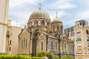 Fototapeta na wymiar Russian Orthodox church of Biarritz with its dome in France