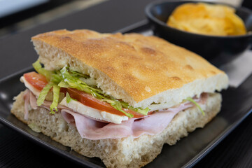 Focaccia with ham, tomato & mozzarella.