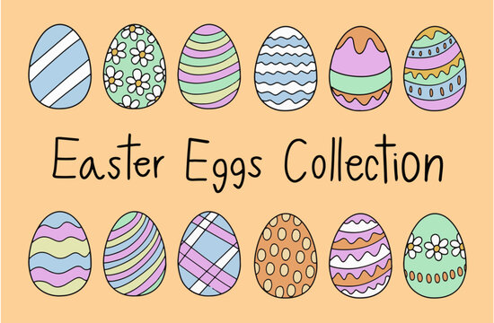 Vector - Easter egg collection, festive hand drawing art with pastel color. Easter elements.