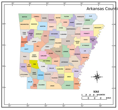 Arkansas state outline administrative and political vector map in color