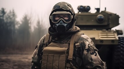 Ein moderner Soldat mit Maske und Brille vor einem Panzer