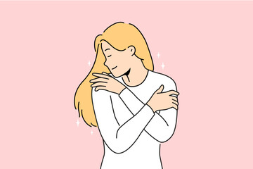 Happy woman hug herself showing selflove and selfcare. Smiling girl embrace body feeling confident and overjoyed. Vector illustration. 