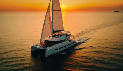 Eco yacht catamaran sailing in ocean at sunset Generative AI