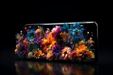 Colorful Flowers Emerging from Smartphone Screen: A Perfect Blend of Nature and Technology, Generative AI