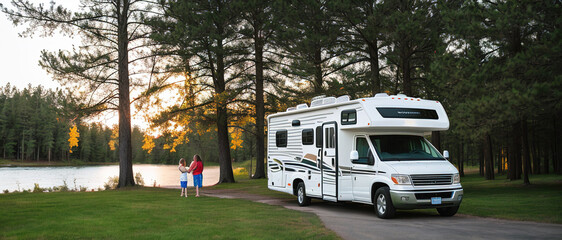 Road adventures on a camper, an exotic kind of outdoor recreation. Generative AI.