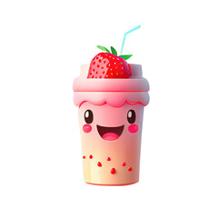 Cute Milkshake With strawberry Cartoon 3d Icon kawaii Illustration. Food And Drink isolated Transparent background png. Generative ai