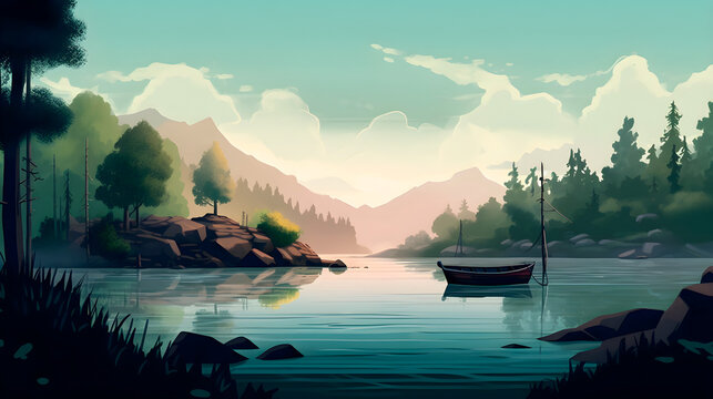 illustration of vacation on the lake. Generative AI