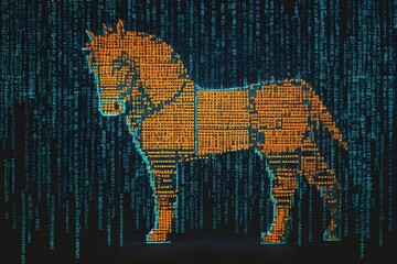 Malicious computer program Trojan horse. Virus illustration in digital cyber space. Generative AI.
