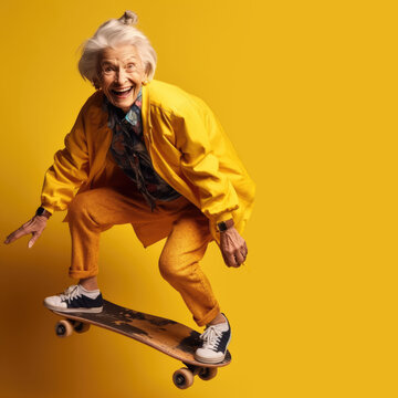 Happy elderly woman is performing tricks on a skateboard. Generative AI