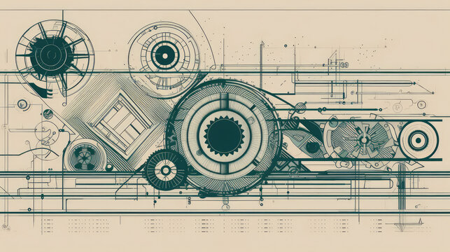 mechanical engineering design, with a focus on precision and attention to detail. using simple geometric shapes, thin lines, and a limited color palette to achieve a 2D minimalist flat illustration