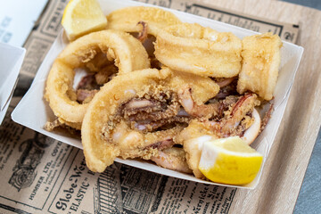 Battered or tempura squid. Cooking and food concept.