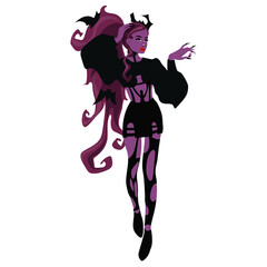 A beautiful young purple witch with bats all over her body. The bat girl. Halloween costume concept. Modern vector illustration, hand-drawn. Templates of posters, stickers for the holiday